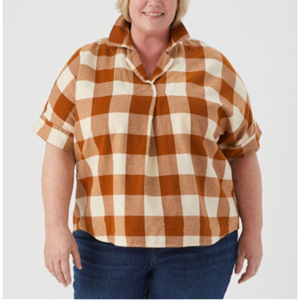 Duluth Women's Plus Free Swingin' Flannel Popover Shirt Brown White Plaid 3X